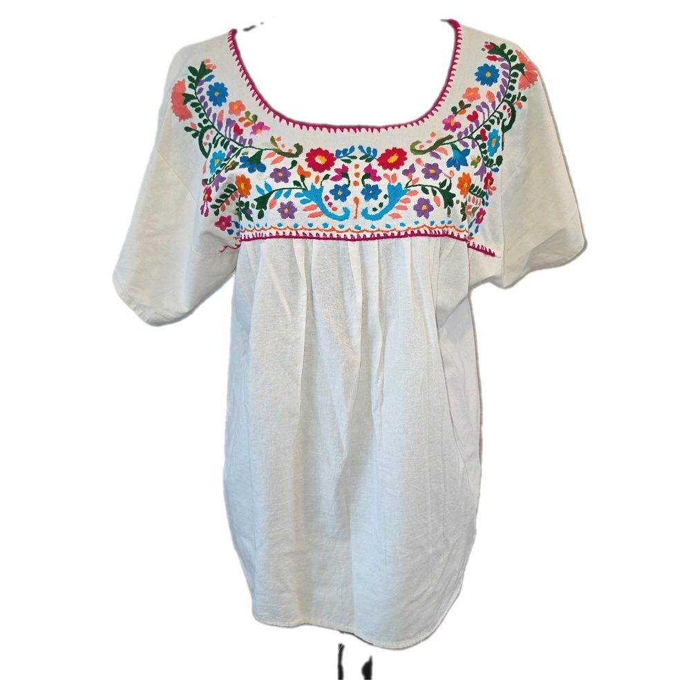 Vintage Mexican Peasant Blouse Floral Hand Embroidered Boho Top White Size M/L